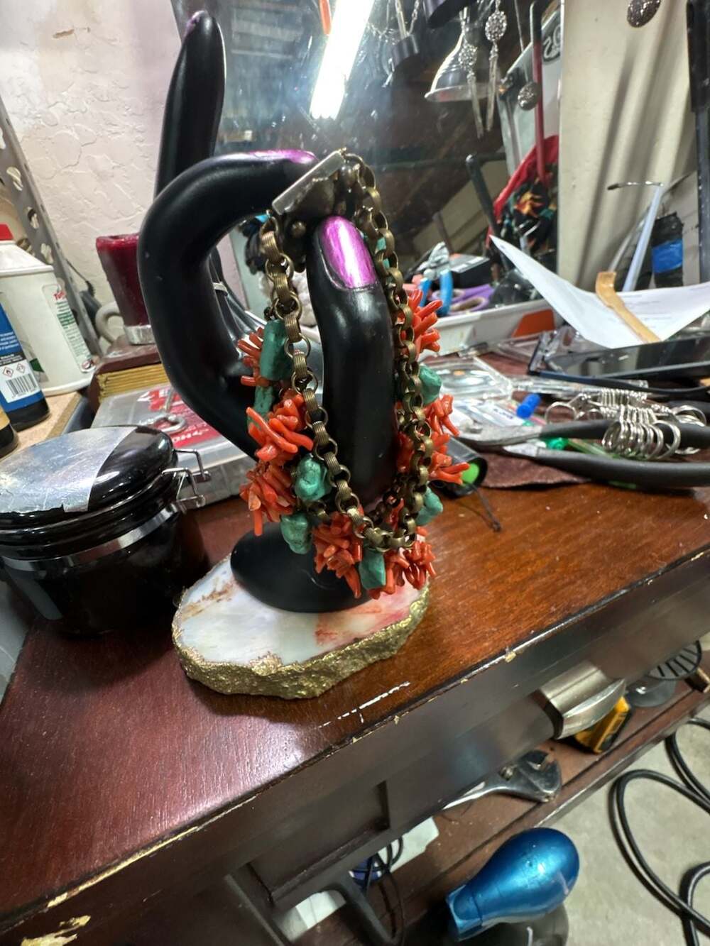 Vintage Miriam Haskell  style Brass Red Coral & Turquoise Beaded Charm Bracelet